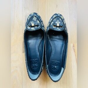 Tory Burch Navy Floral Embossed Leather Ballet Flats with Bow